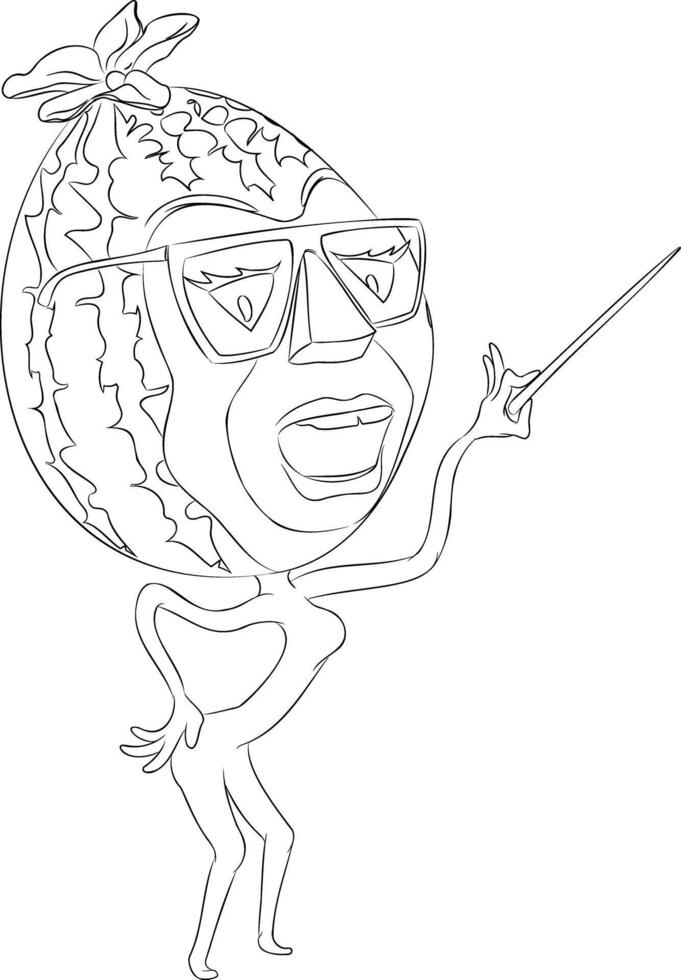 Line art illustration of cartoon watermelon with glasses holding pointer in his hand. vector