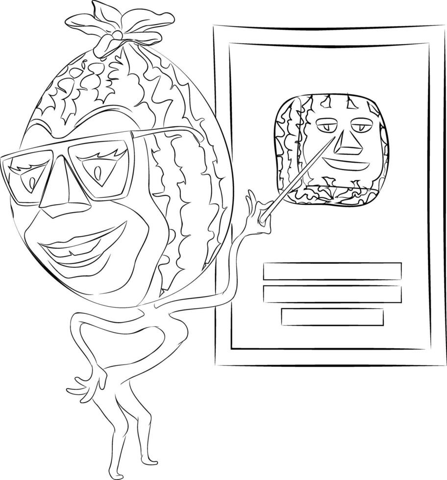 Line art illustration of cartoon watermelon with glasses holding pointer in his hand. illustration of cartoon watermelon character with glasses holding pointer in his hand, pointing at picture. vector
