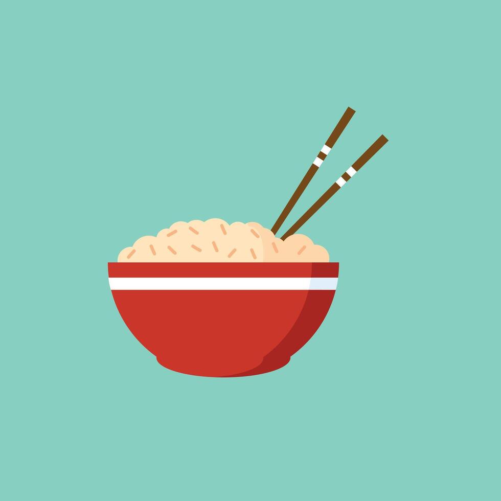Traditional bowl of rice with chopsticks. flat illustration isolated vector