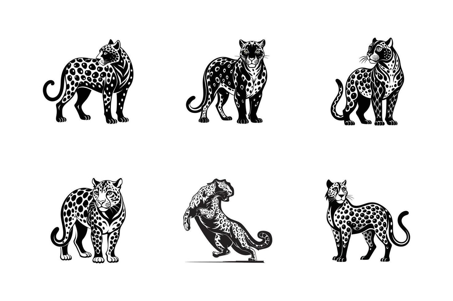 set of leopard art silhouette logo icon design black and white vector