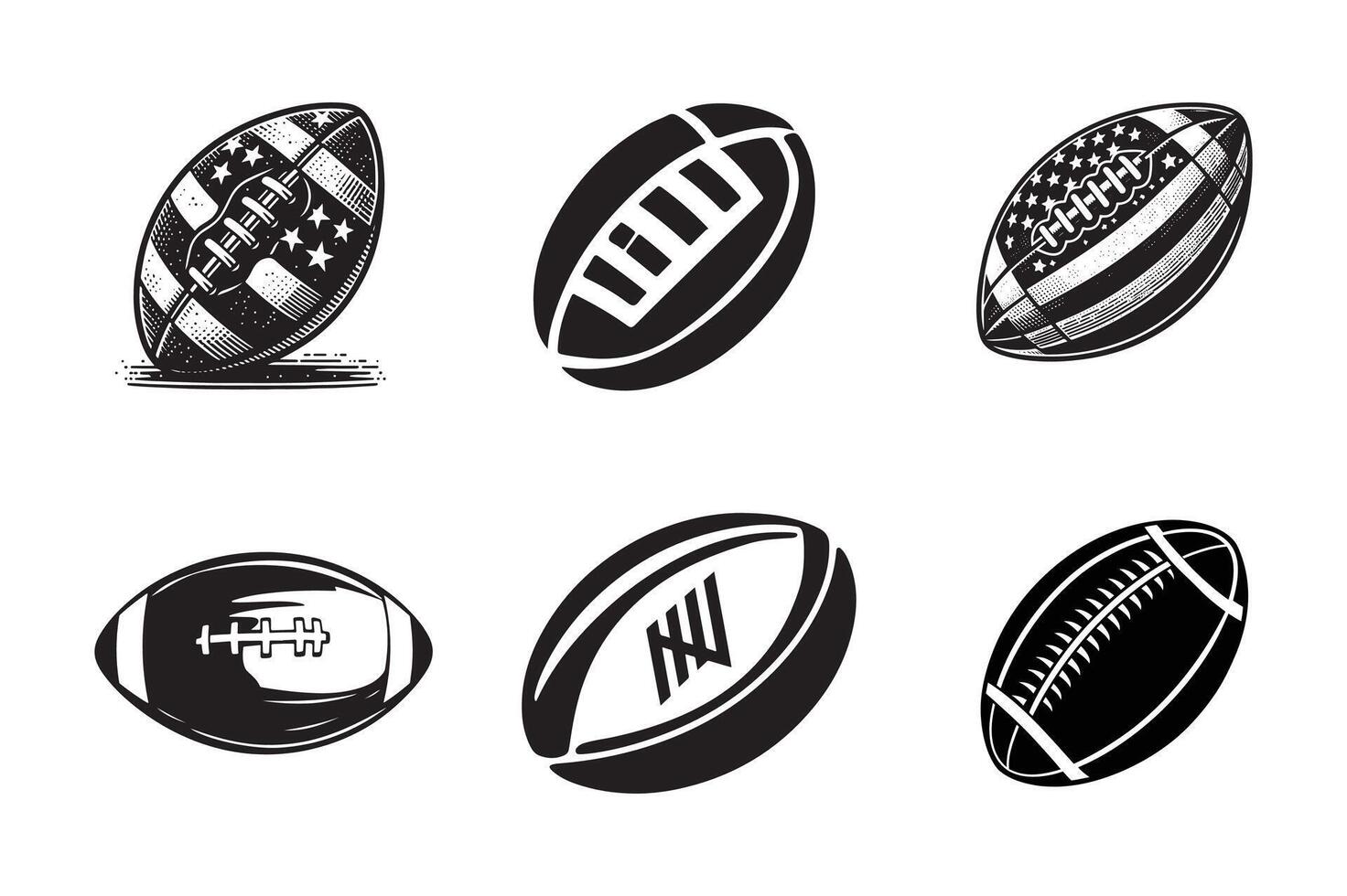 set of American football art design, American football silhouette design, American football logo design black and white vector