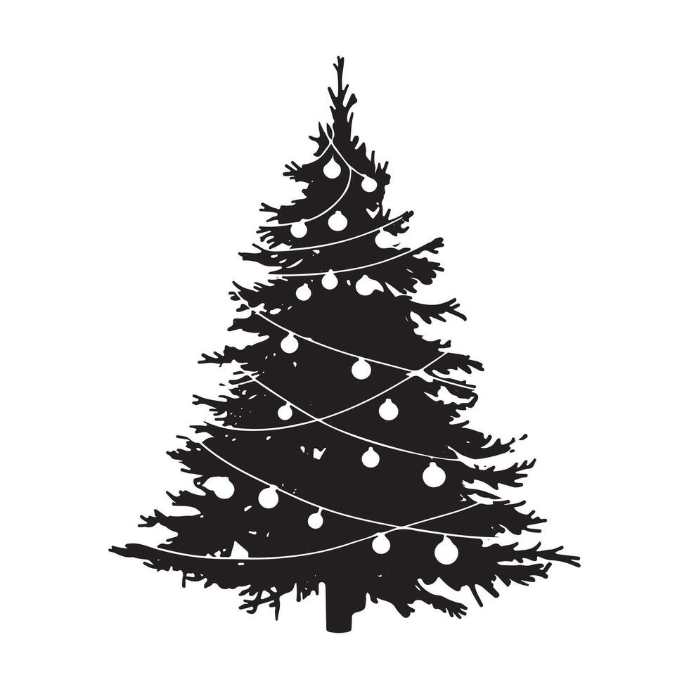 Christmas tree illustration, silhouette, logo design black and white vector