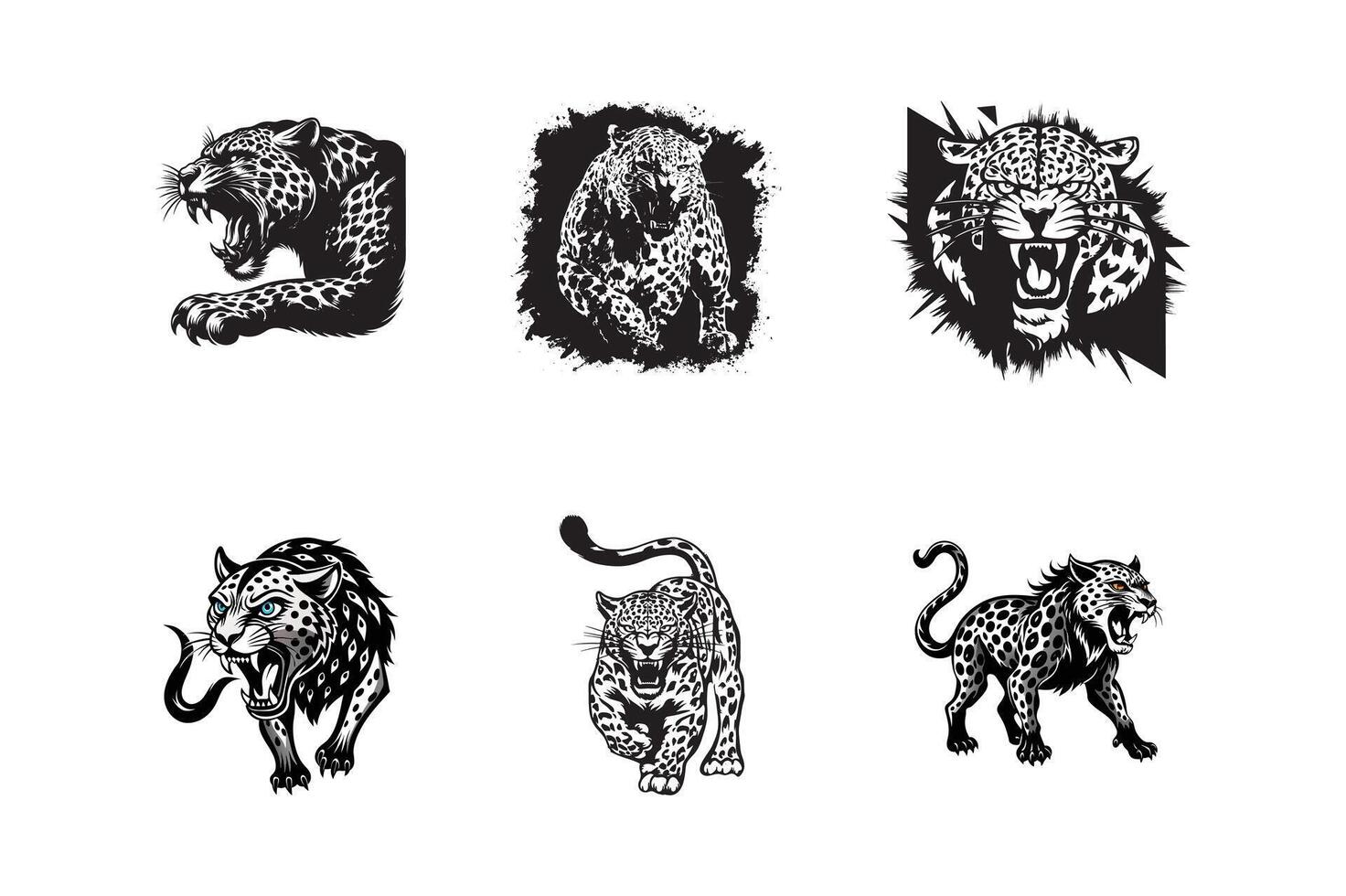 set of leopard furious art silhouette design black and white color vector