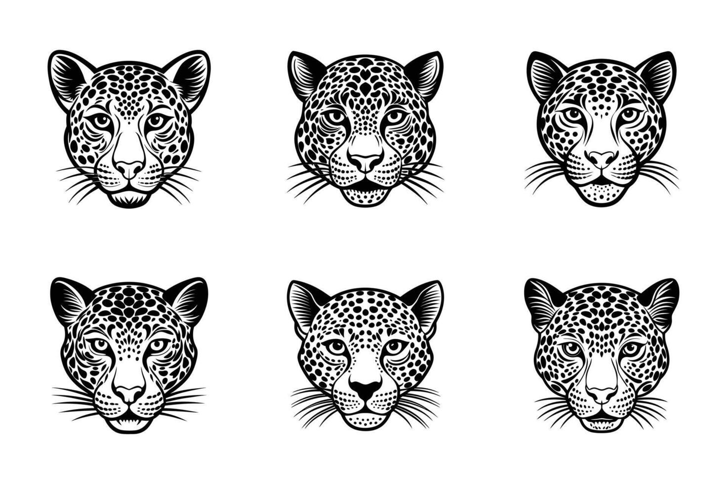 set of leopard head art, silhouette, icon, logo, doddle design black and white vector