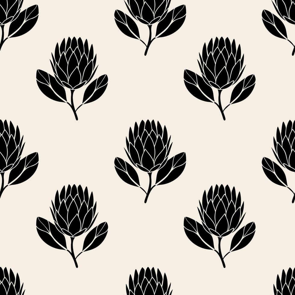 Pattern Protea flower silhouette black stylized drawing on beige background. vector