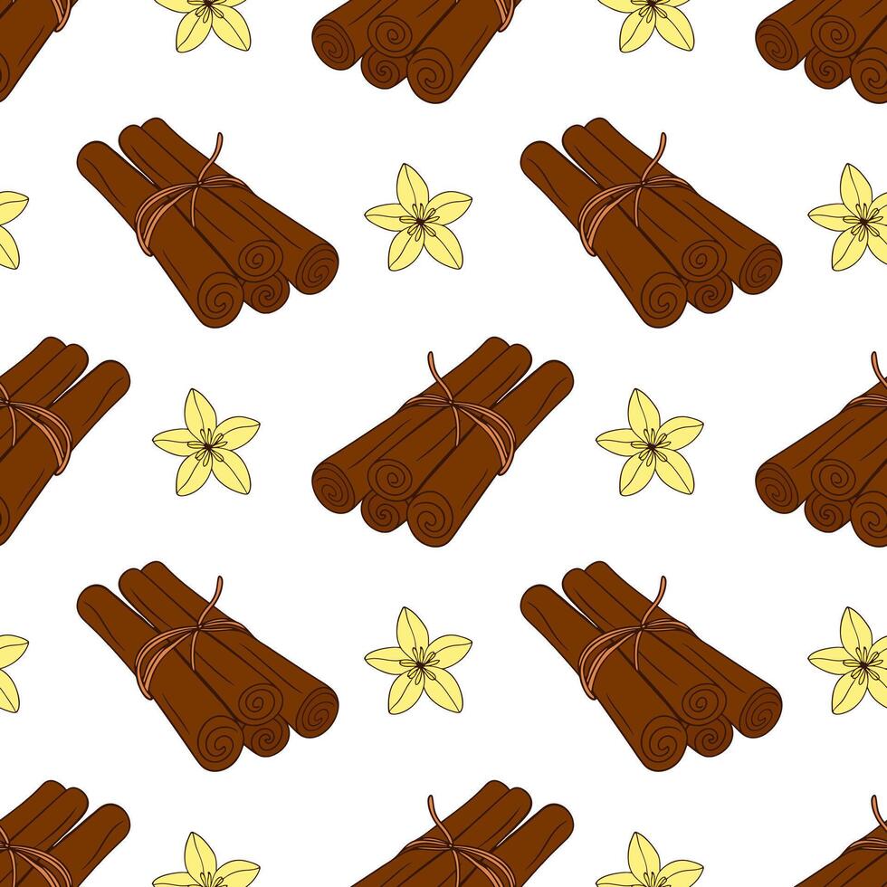 Pattern with brown cinnamon sticks and yellow vanilla flower, doodle drawing on white background vector