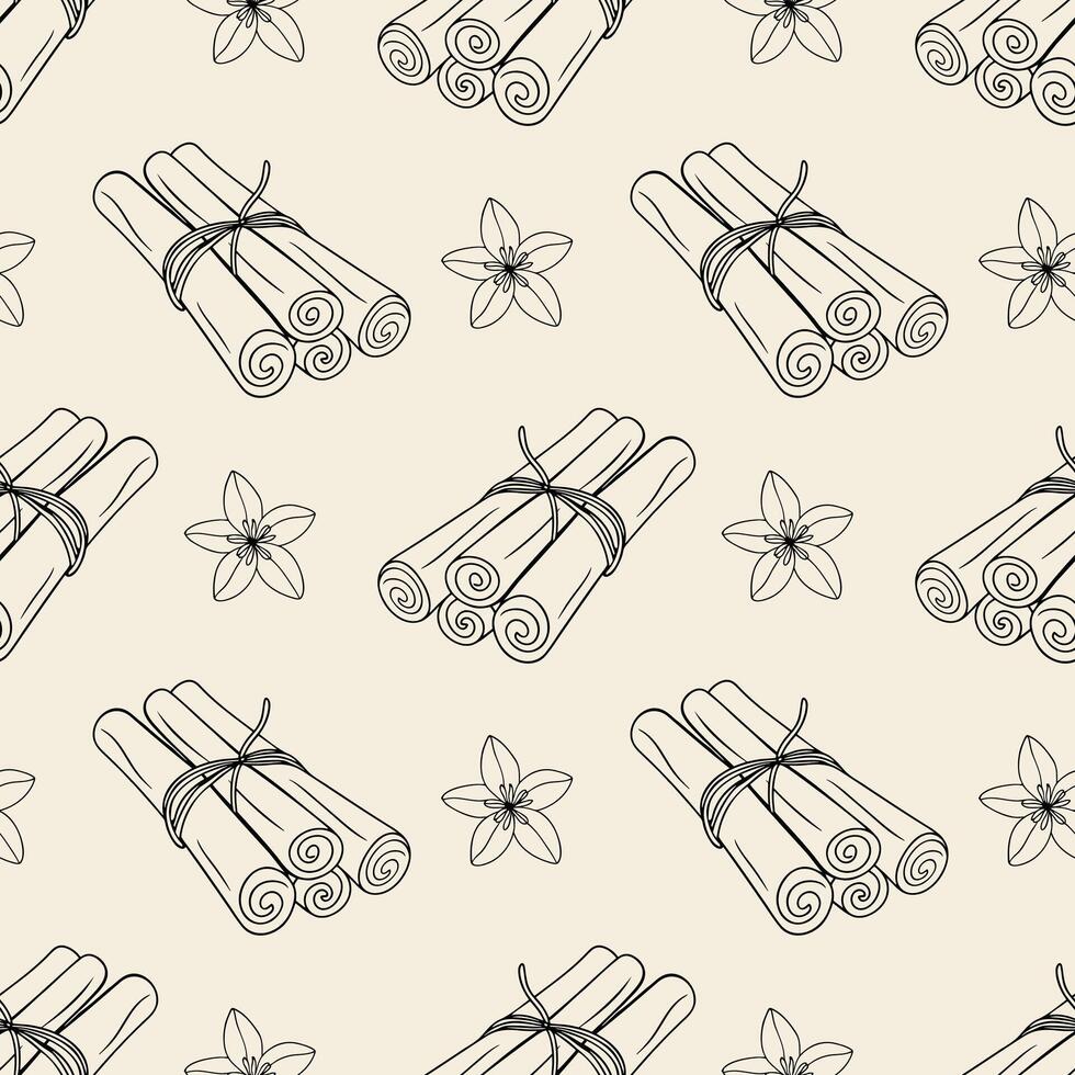 Pattern with cinnamon sticks and vanilla flower doodle outline drawing on pastel beige background vector