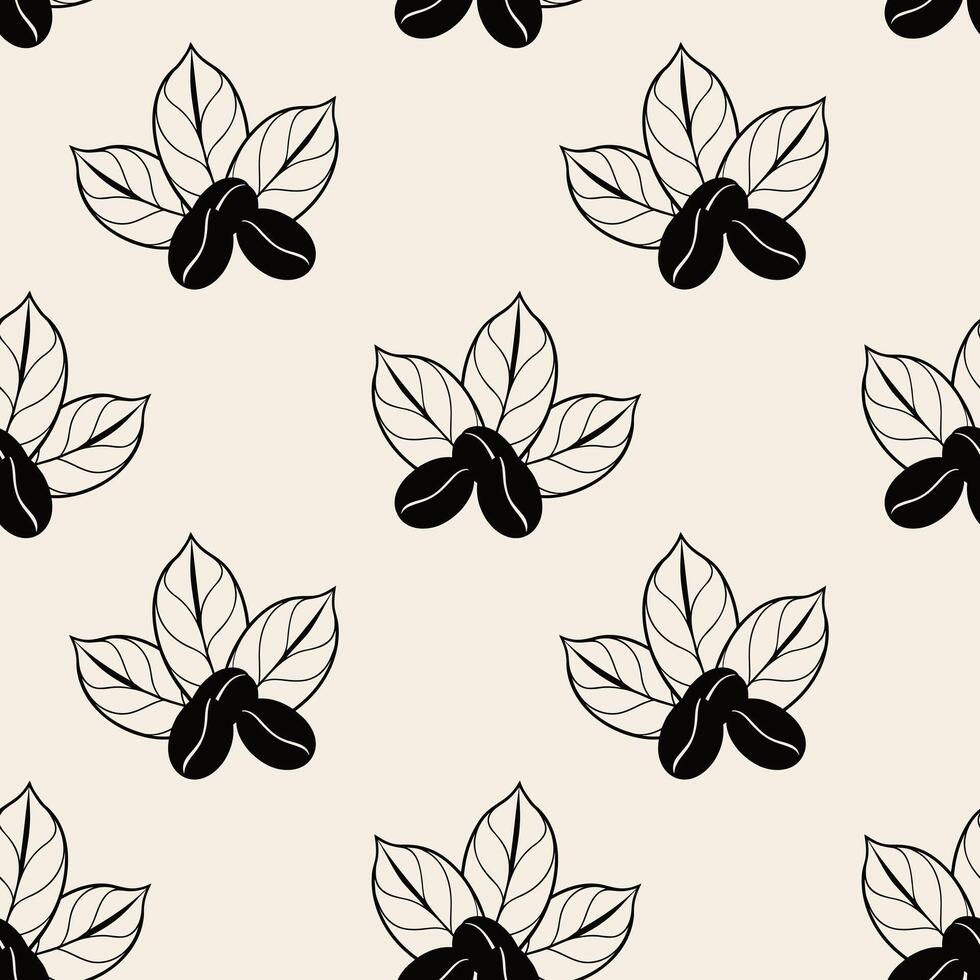 Pattern coffee beans on coffee leaves, doodle stylized contour drawing. vector