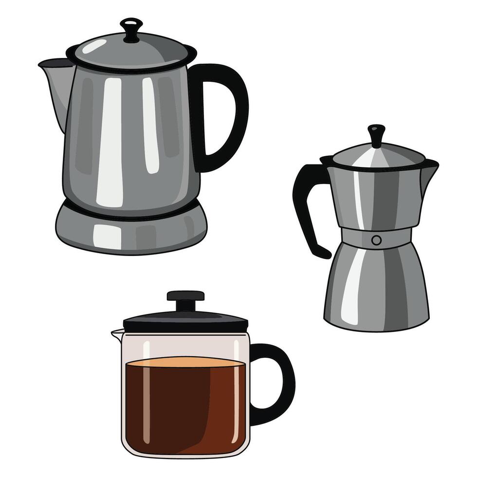 Set of French Press, Electric Kettle, and Coffee Machine vector
