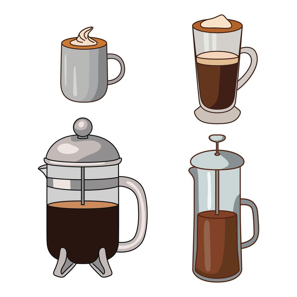 Set of 2 French Presses and 2 Coffee Cups vector