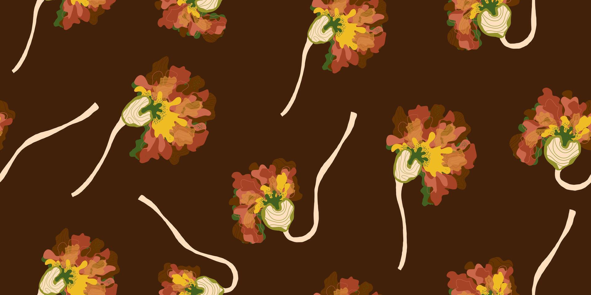 a brown and orange floral pattern on a dark background vector