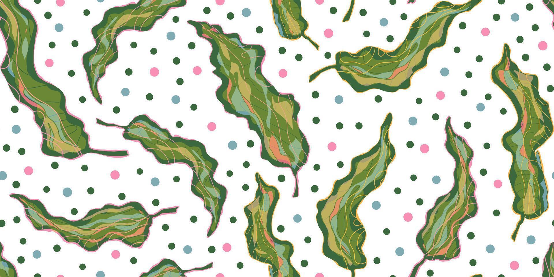 a pattern with green leaves and polka dots vector