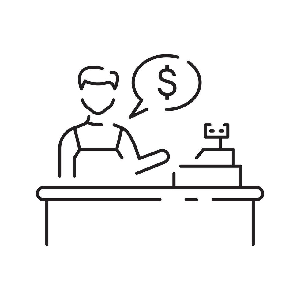 The grocery store cashier stands at the checkout with a linear icon. vector