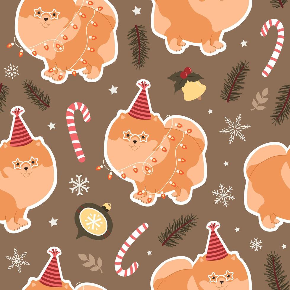 Christmas seamless pattern with Pomeranian dog and Christmas elements. For fabrics, wrapping paper, wallpapers. vector