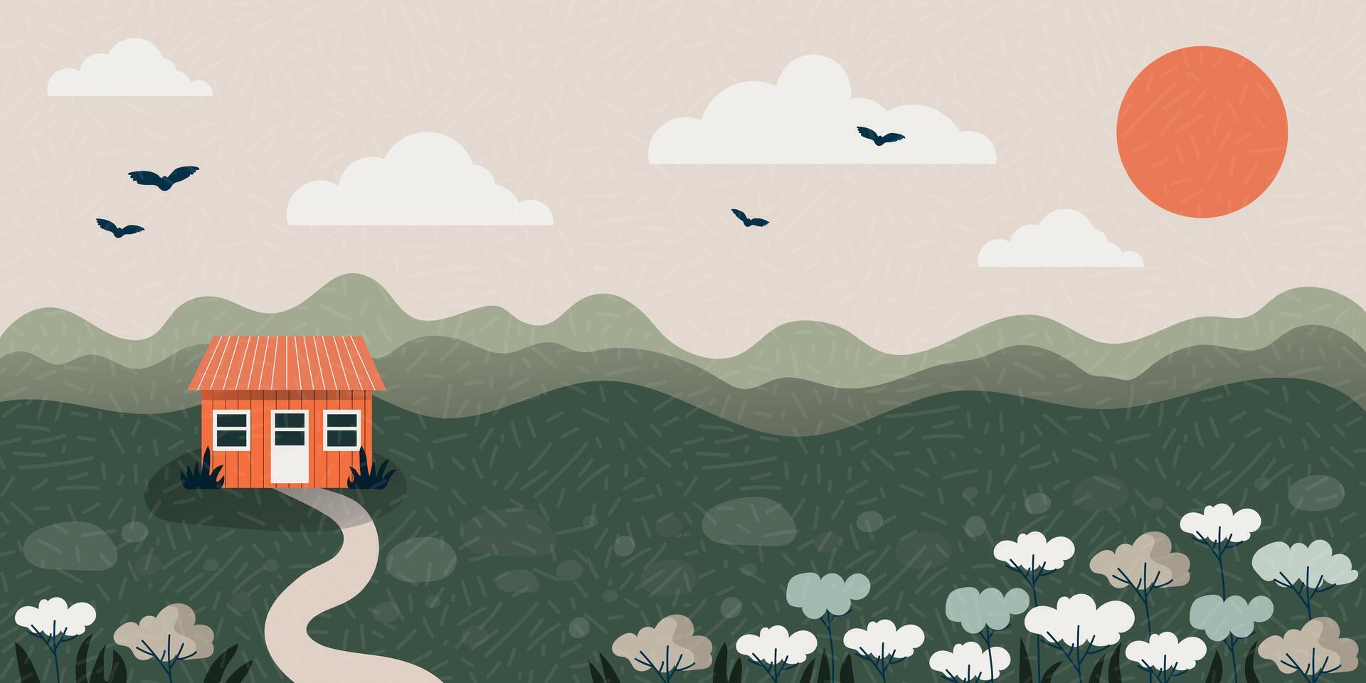 Nature. Cute illustration of landscape natural background, village, people on vacation in the park at a picnic, forest and trees. Drawings from the hand of summer and spring vector