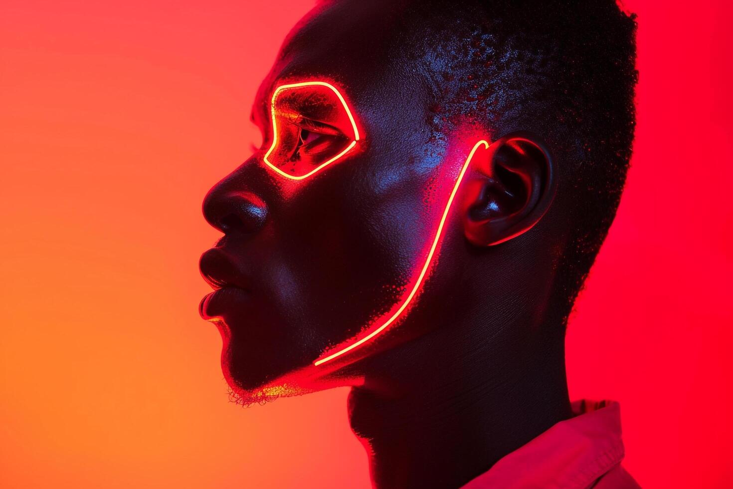 High end Fashion Male Model in Neon Red Face Mask Neon Coral Background portrait with High Impact Style photo