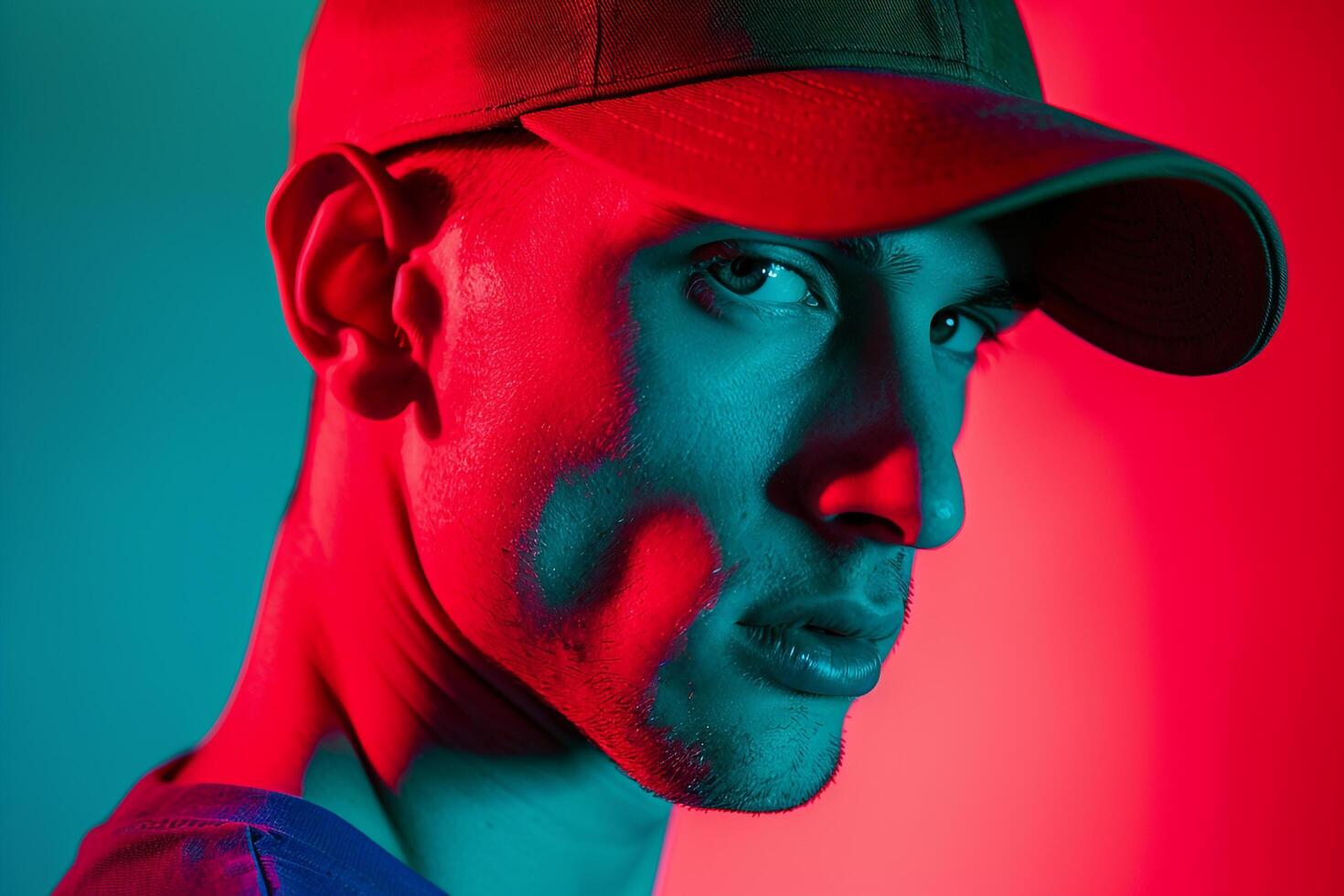 High end Fashion Male Model in Red Cap Neon Green Background portrait with Sleek Design photo