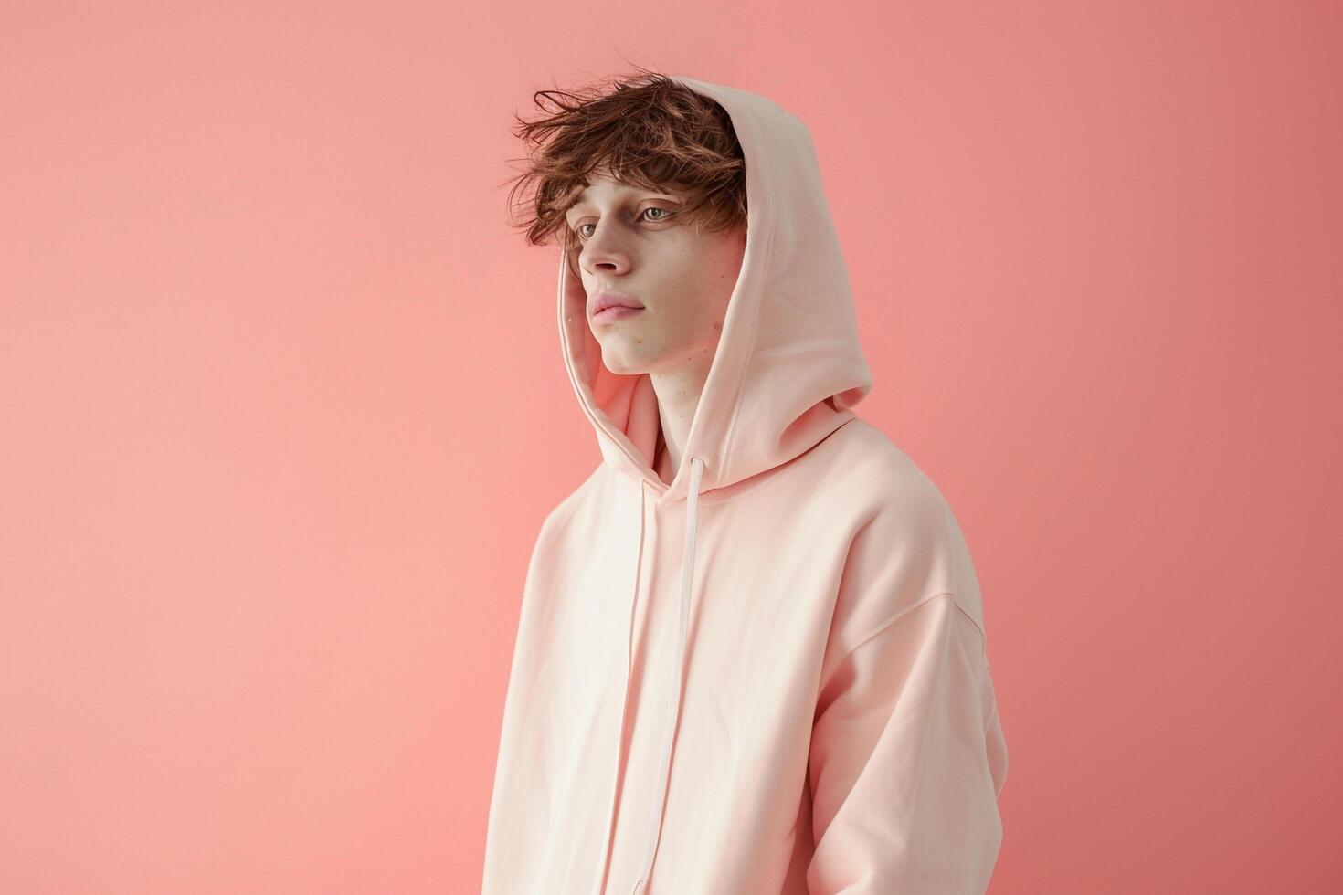 Casual Fashion Male Model in Hoodie Against Light Coral Background Relaxed Lifestyle portrait photo