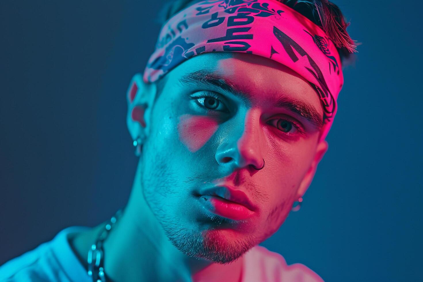 Chic Fashion Male Model in Neon pink Bandana Neon Teal Background portrait with Stylish Flair photo