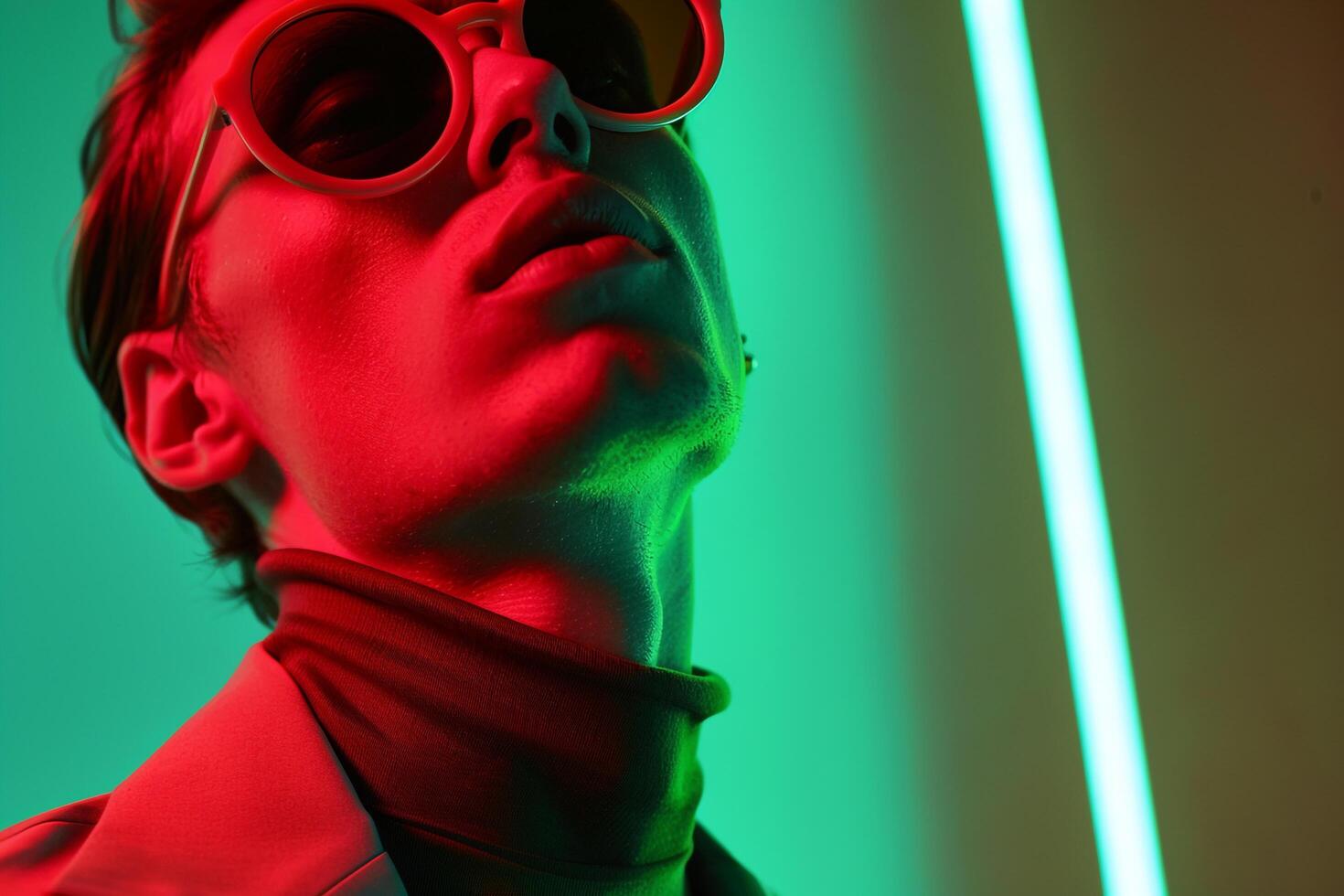 Urban Fashion Male Model in Red eyewear Neon Green Background portrait with Stylish Impact photo
