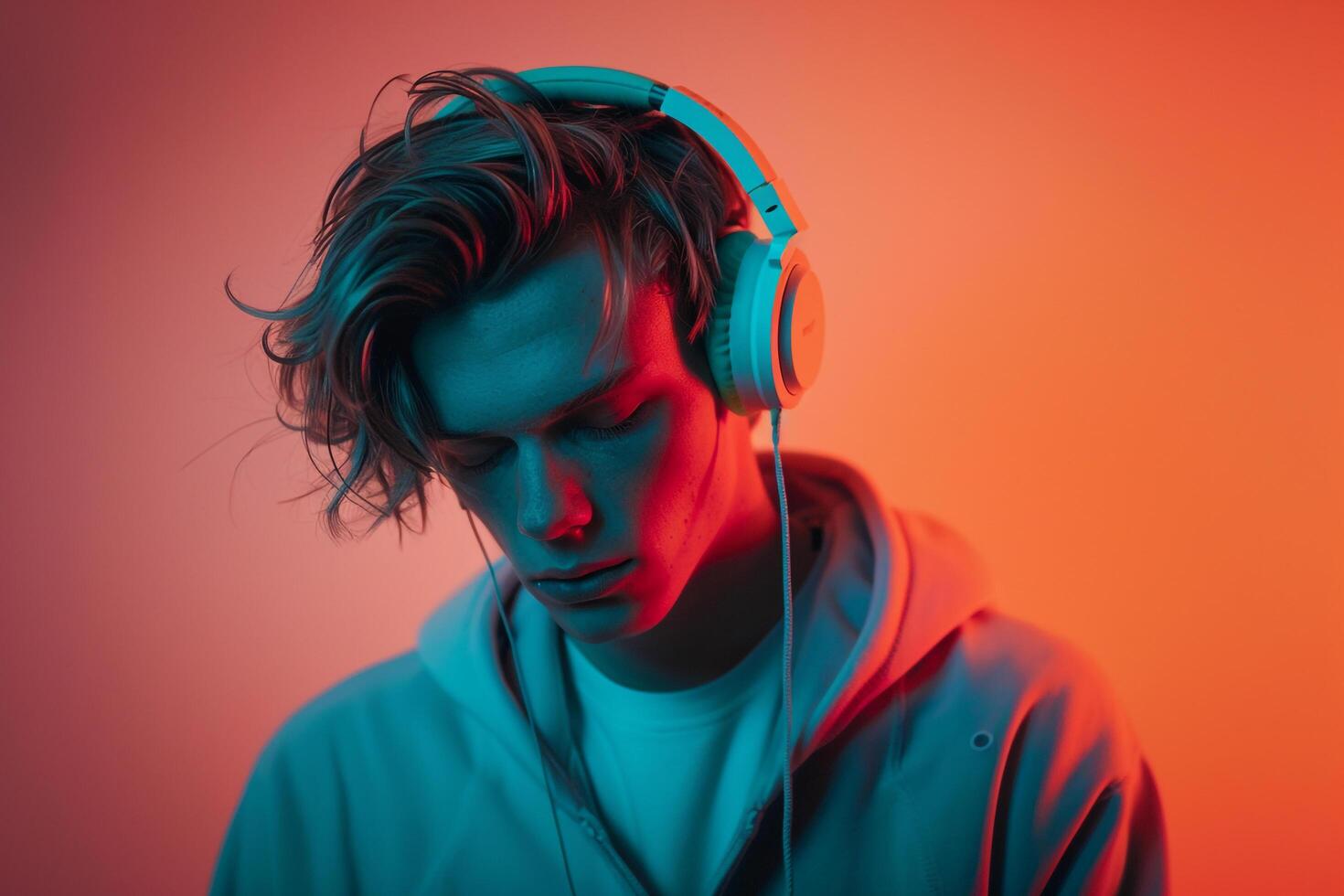 elegant Fashion Male Model in Neon Teal Headphones Lifestyle portrait with Neon Coral Background photo