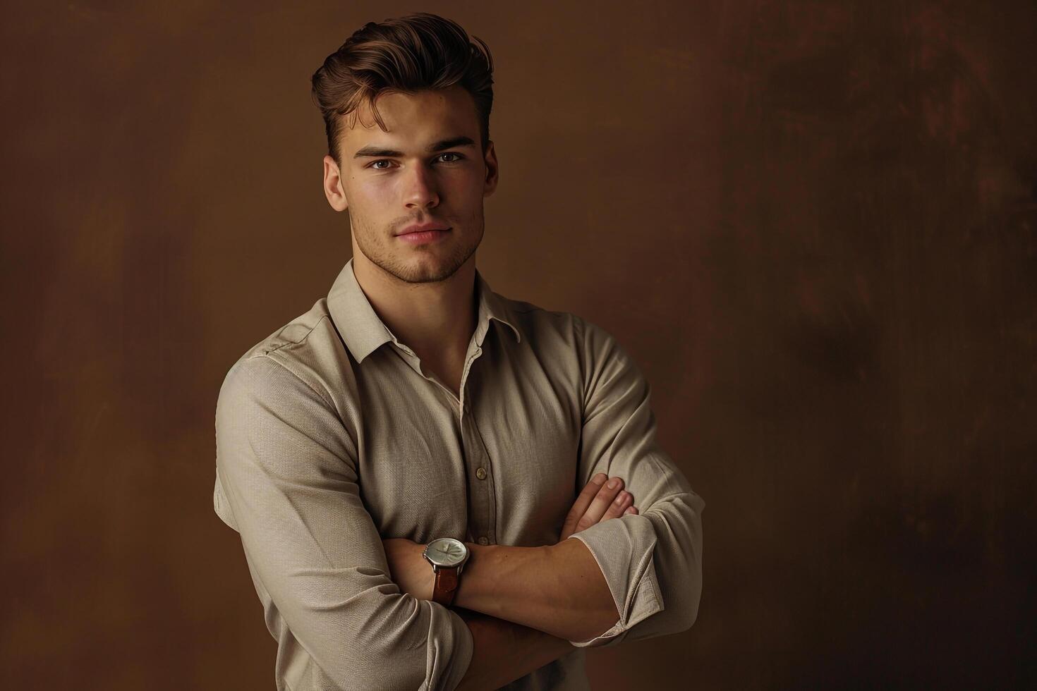 elegant Fashion Male Model in Henley Shirt Lifestyle portrait with Mocha Background and Arms Crossed photo