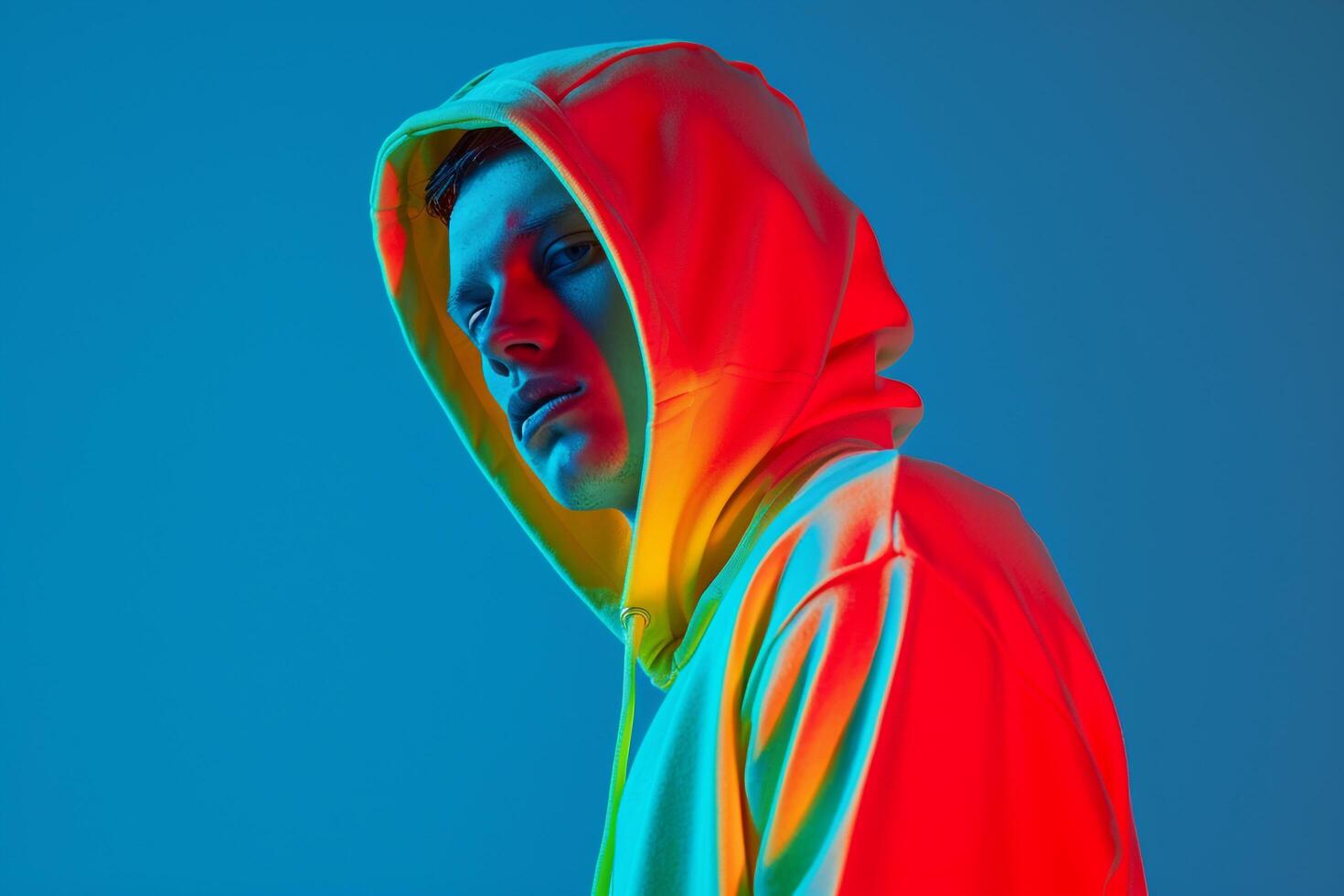 High end Fashion Male Model in Neon Yellow Hoodie Lifestyle portrait with Neon Blue Background photo