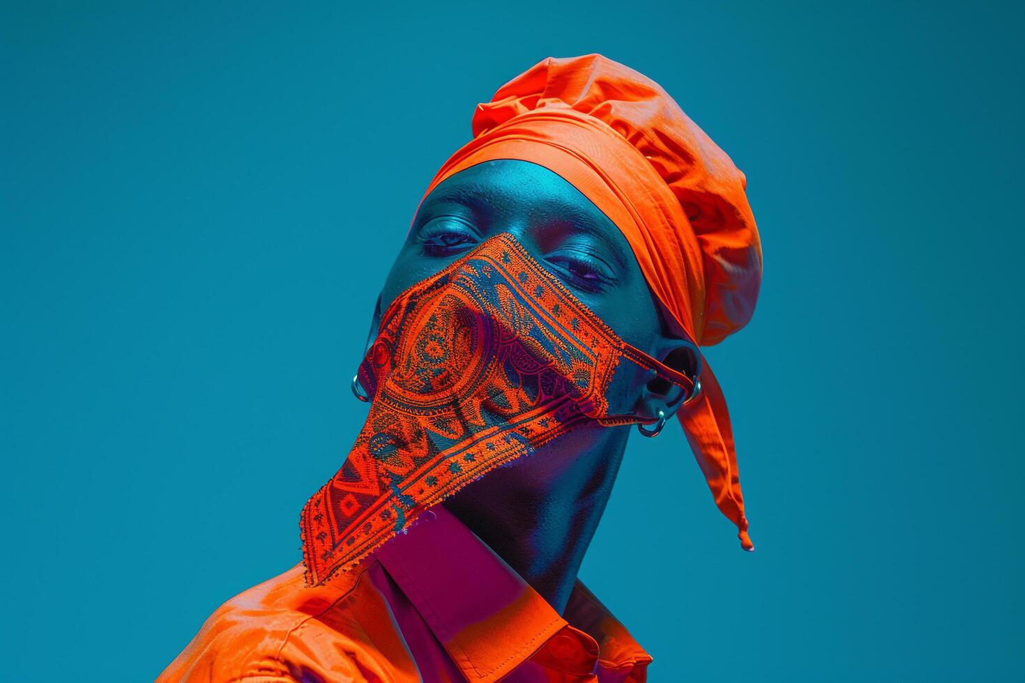 Trendy Fashion Male Model in Neon Orange Bandana Lifestyle portrait with Neon Teal Background photo