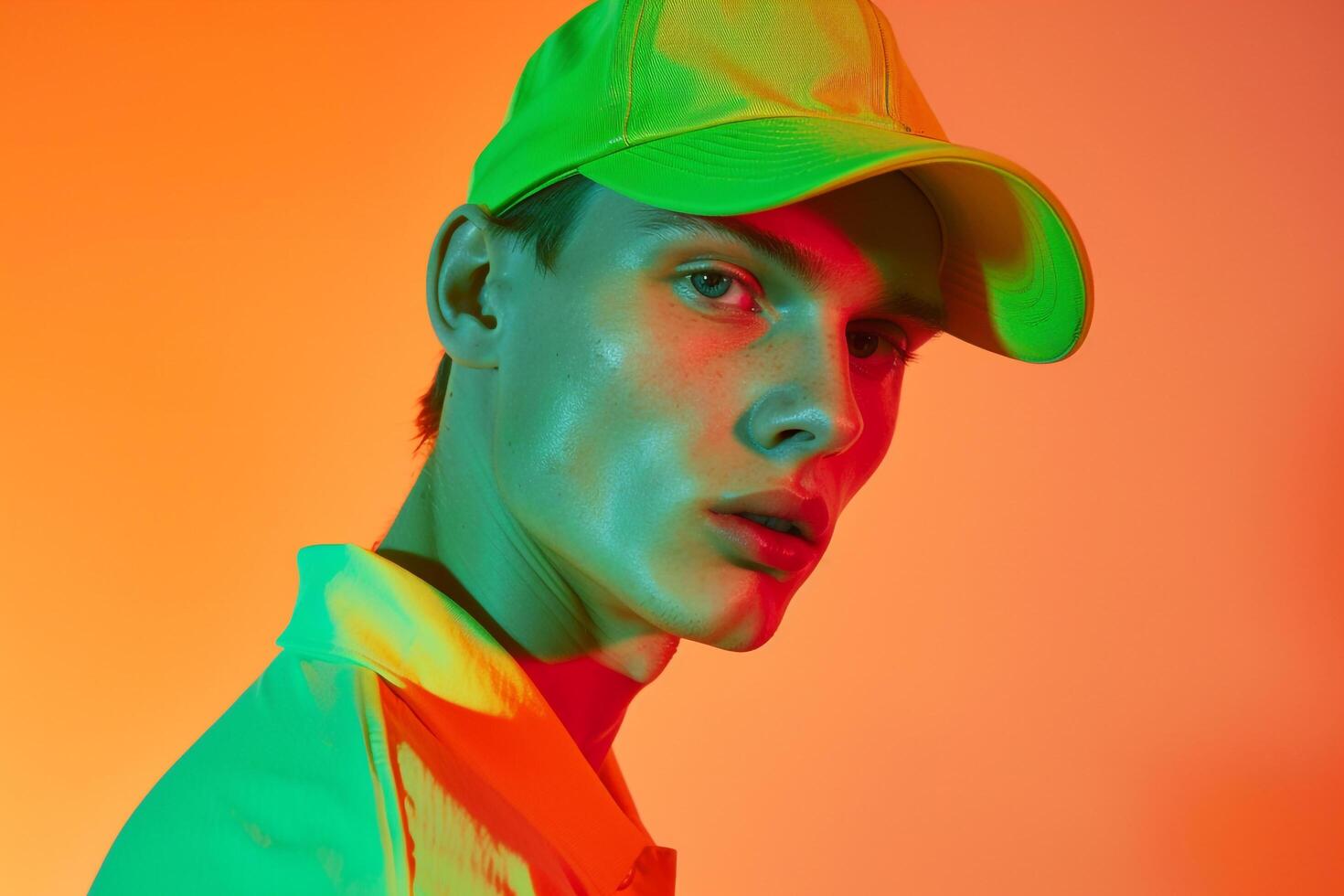 Vibrant Fashion Male Model in Neon Green Cap Lifestyle portrait with Neon Orange Background photo
