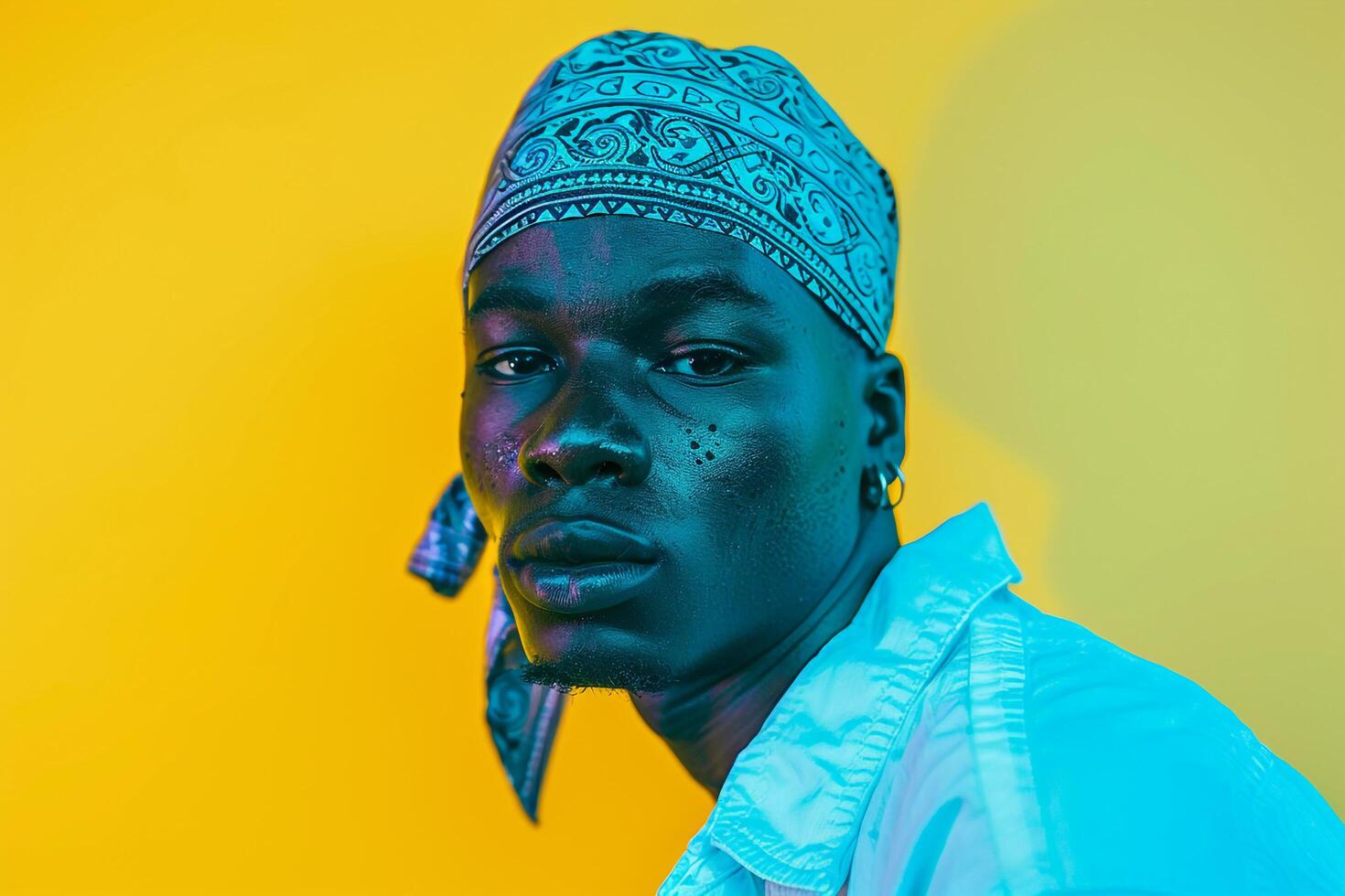 Vibrant Fashion Male Model in Neon Teal Bandana Lifestyle portrait with Neon Yellow Background photo