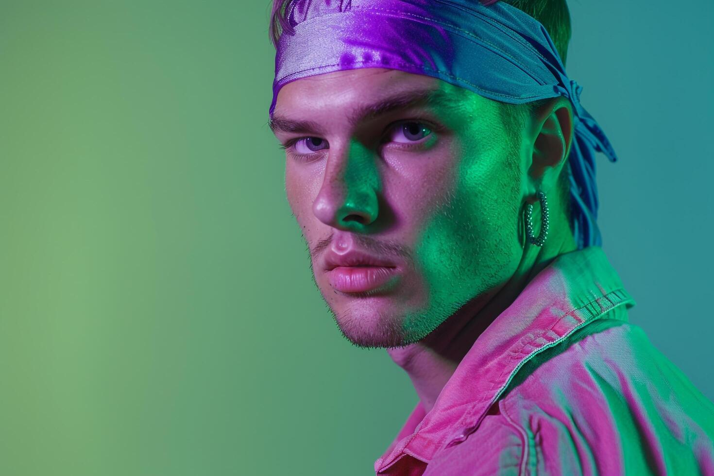 Fashion Male Model in Neon purple Bandana with Neon Green Background A Vibrant and Stylish Look photo