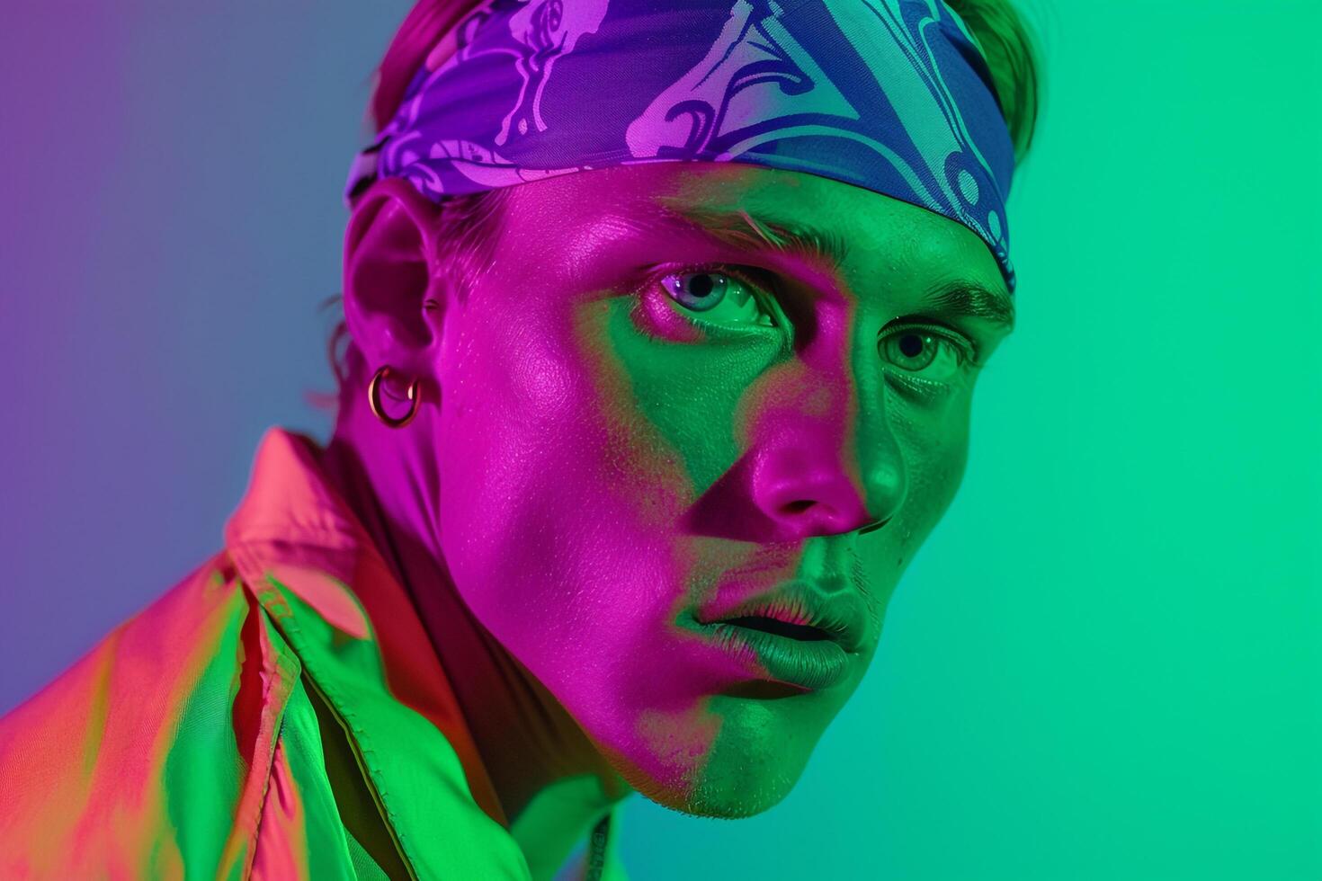 Fashionable portrait of Male Model in Neon purple Bandana with Neon Green Background Vibrant and Trendy Look photo
