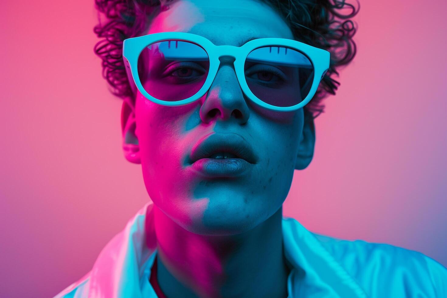 Bright and Stylish portrait of Male Model in Neon pink eyewear with Neon Teal Background A Trendy Look photo