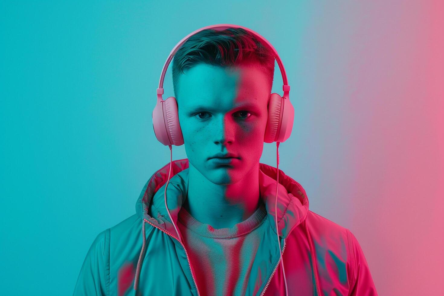 Modern portrait of Fashion Male Model in Neon pink Headphones with Neon Teal Background A Chic and Vibrant Style photo