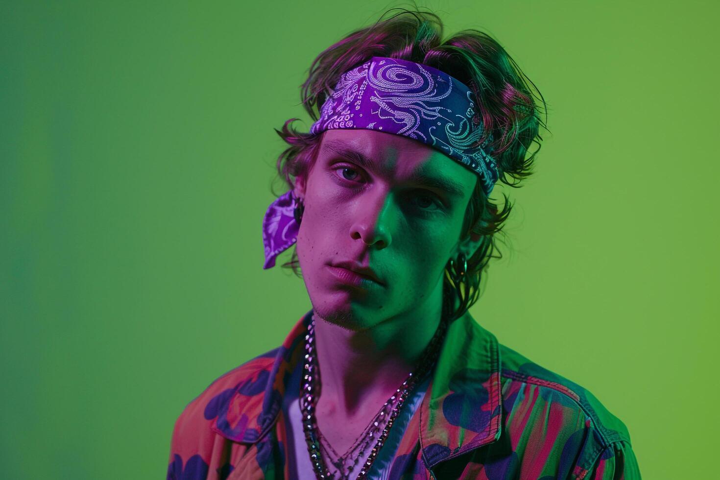 Trendy Look of Fashion Male Model in Neon purple Bandana with Neon Green Background Bold and Stylish portrait photo