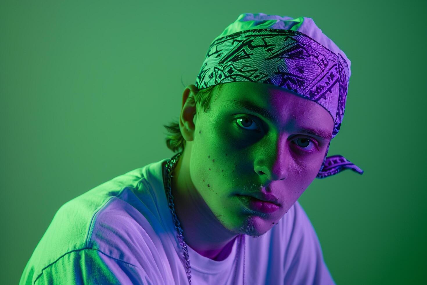 Chic and Stylish portrait of Male Model in Neon purple Bandana with Neon Green Background Vibrant and Fashionable Look photo
