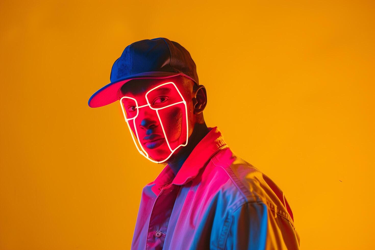 Bold and Contemporary portrait of Fashion Male Model in Neon Red Face Mask with Neon Yellow Background A Stylish Look photo