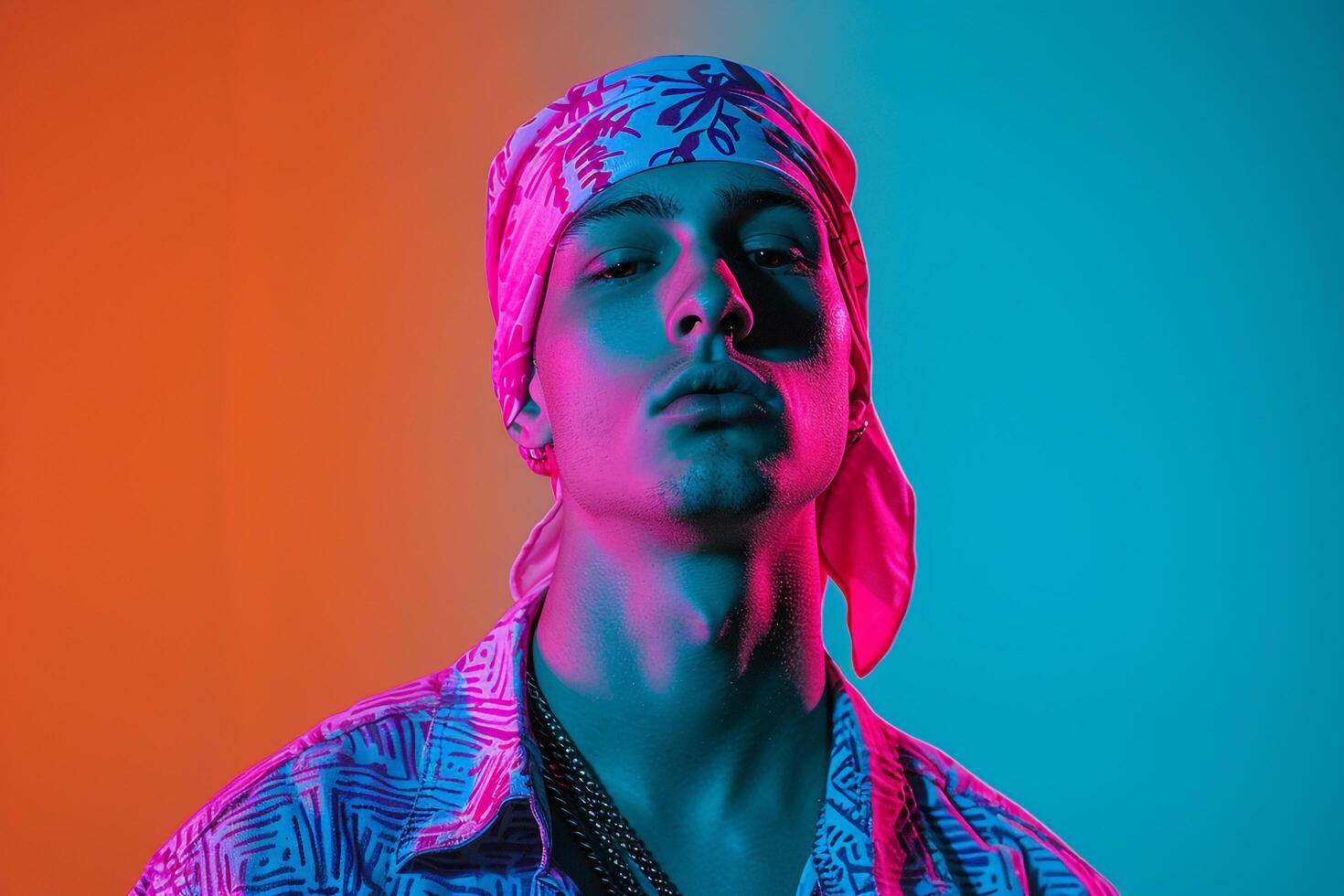 Contemporary portrait of Handsome Fashion Male Model in Neon pink Bandana with Neon Aqua Background A Bold and Stylish Look photo