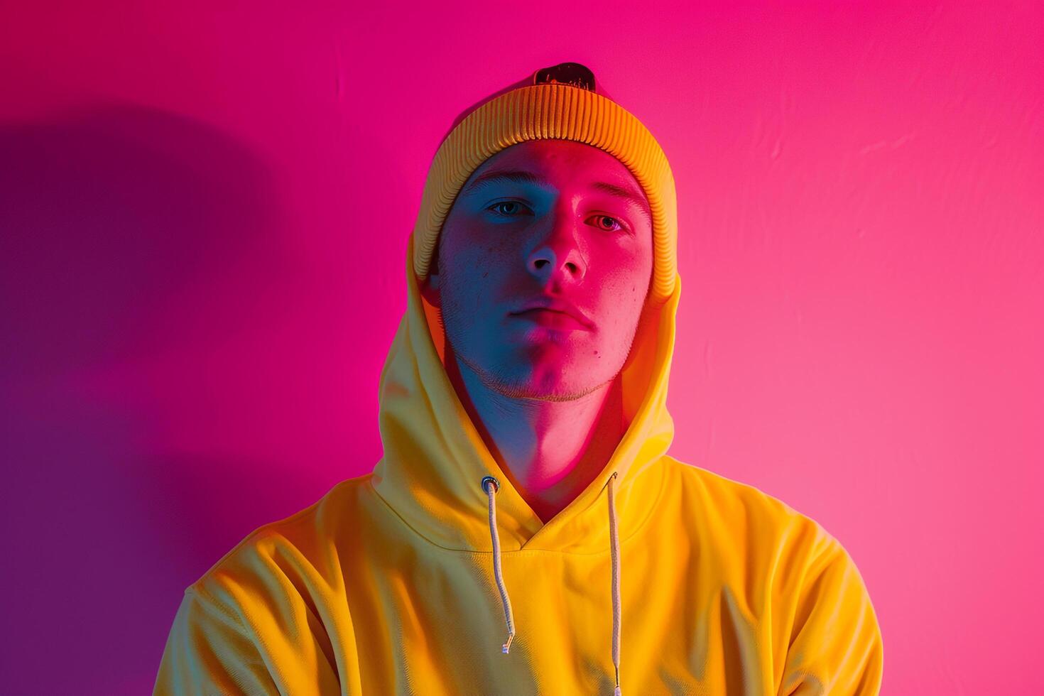 Stylish and Chic portrait of Handsome Fashion Male Model in Neon Yellow Hoodie with Neon pink Background A Bright Look photo