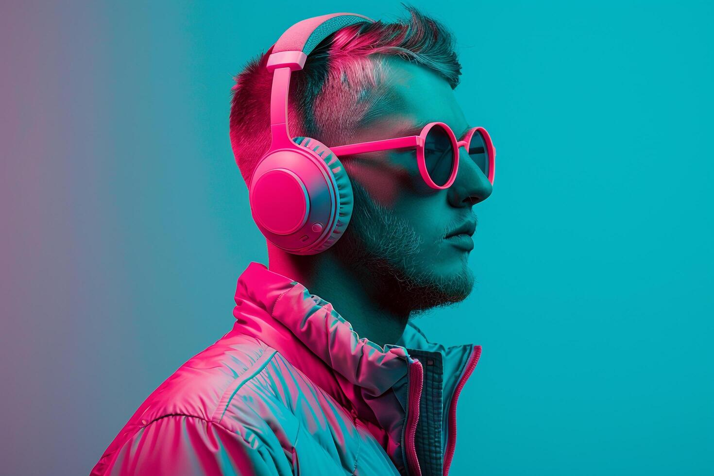 Trendy portrait of Handsome Fashion Male Model in Neon pink Headphones with Neon Teal Background A Chic and Stylish Look photo