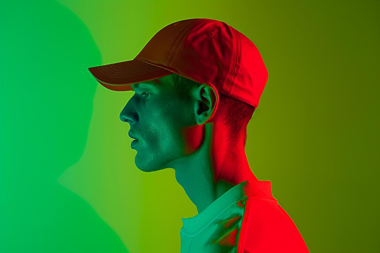 Bold and Trendy Look of Handsome Fashion Male Model in Red Cap with Neon Green Background A Fashionable portrait photo
