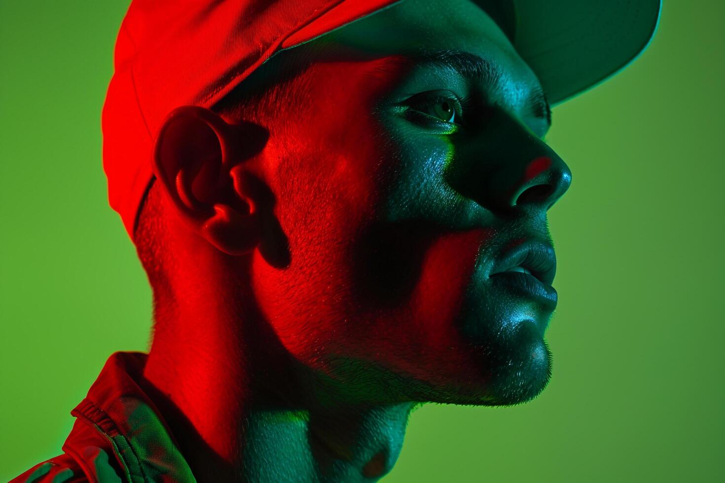 Bold and Stylish Look of Handsome Fashion Male Model in Red Cap with Neon Green Background A Modern and Trendy portrait photo