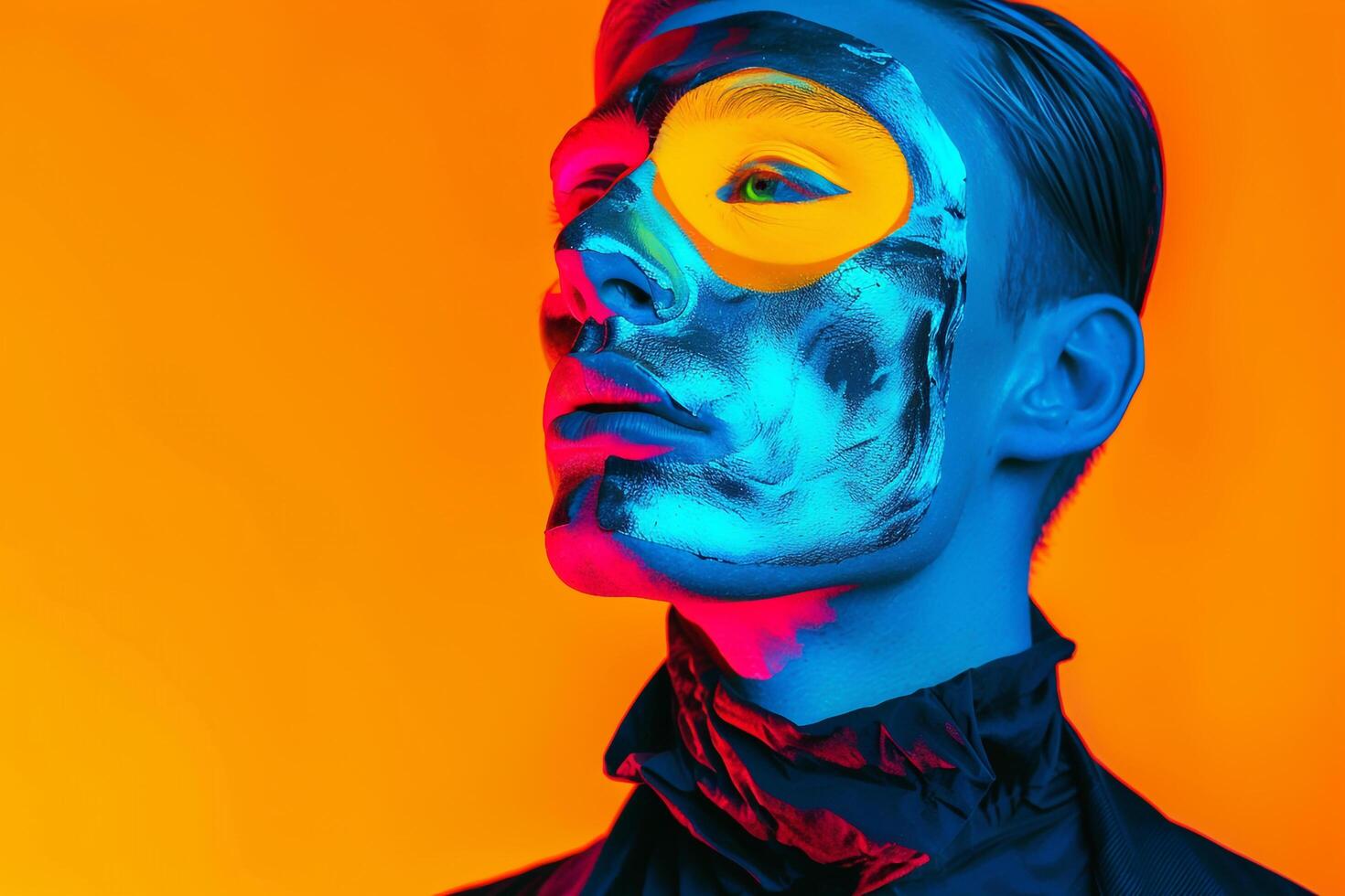 Fashionable Look of Handsome Fashion Male Model in Neon Teal Face Mask with Neon Yellow Background A Bold and Trendy portrait photo
