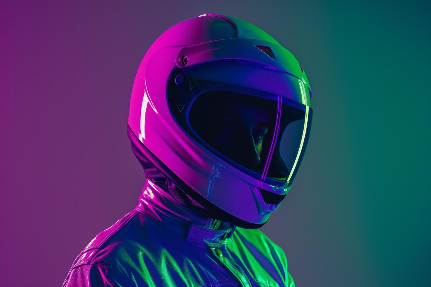 Handsome Male Model in Neon purple Helmet with Neon Green Background Trendy Lifestyle portrait for Modern Maleswear photo