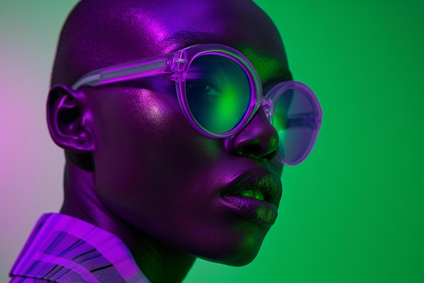 Fashion Male Model in Neon purple eyewear with Neon Green Background Stylish Lifestyle portrait for Modern Maleswear photo