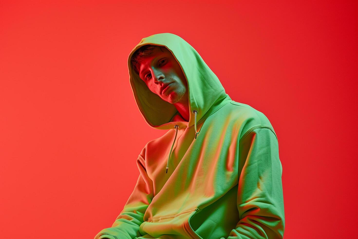 Fashion Male Model in Neon Green Hoodie with Neon Coral Background Stylish Lifestyle portrait for Fashionable Male photo