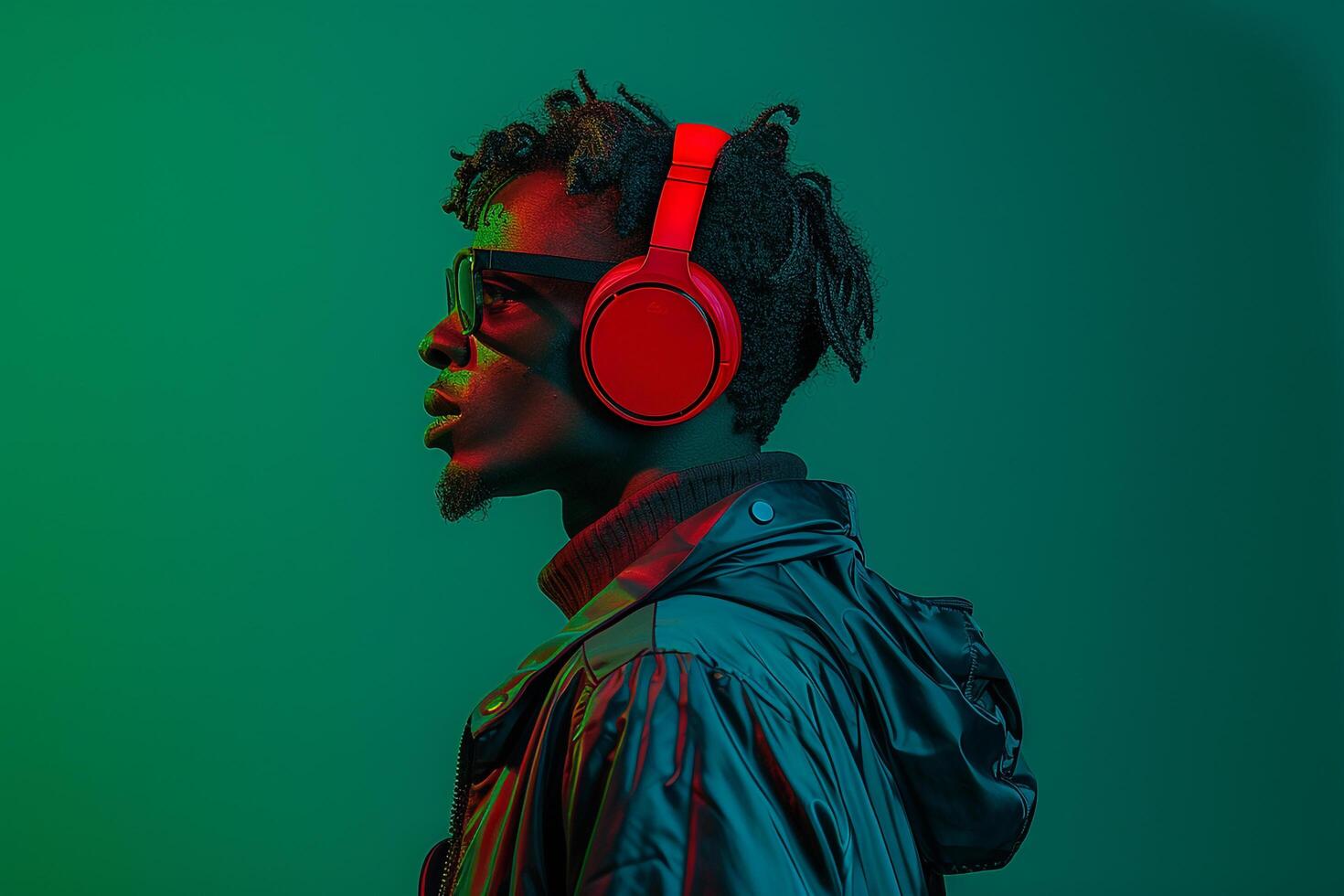 Handsome Male Model in Neon Red Headphones with Neon Green Background Stylish Lifestyle portrait for Modern Fashion photo