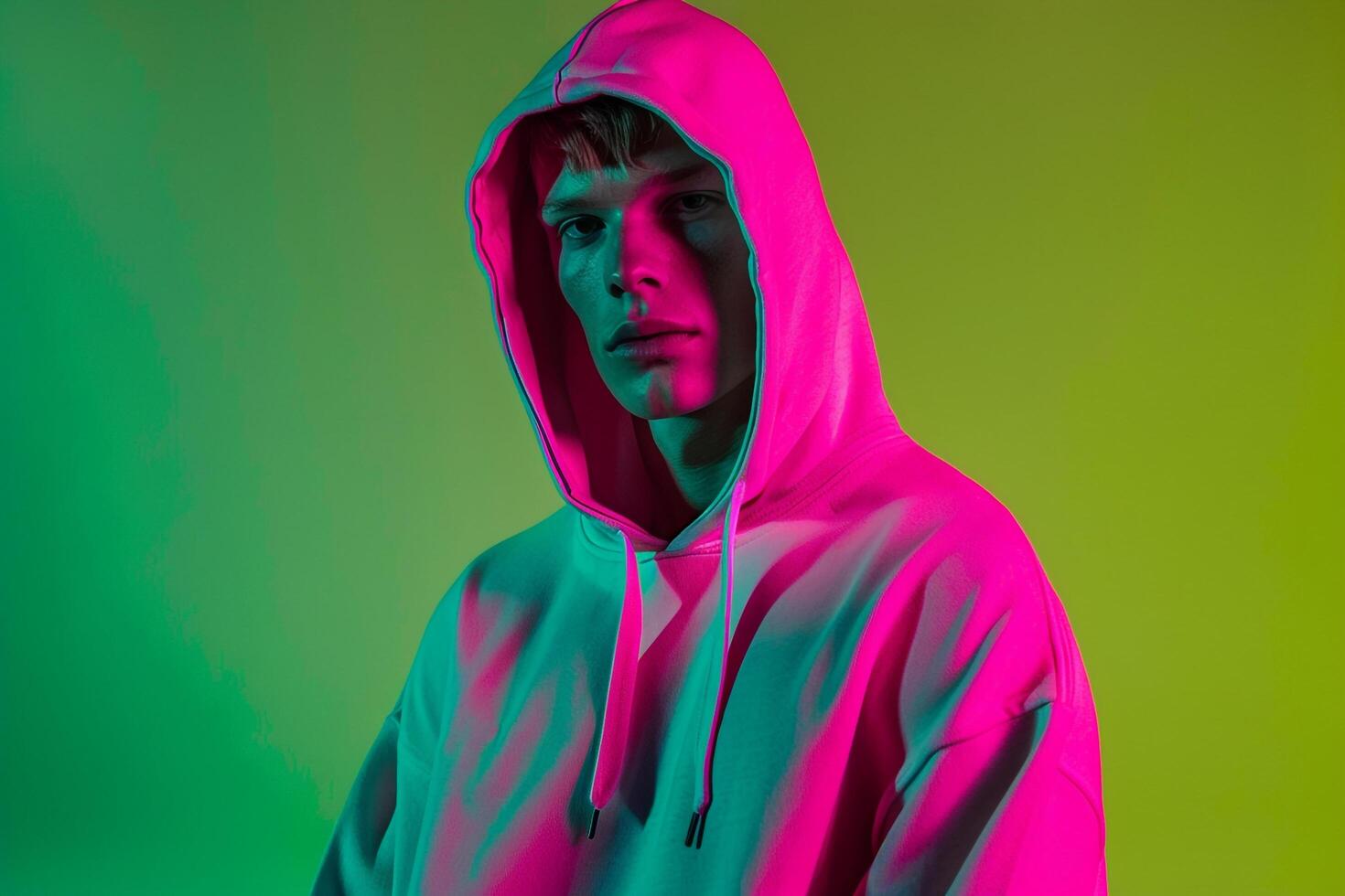 Fashion Male Model in Neon pink Hoodie with Neon Green Background Vibrant Lifestyle portrait for Trendy Maleswear photo