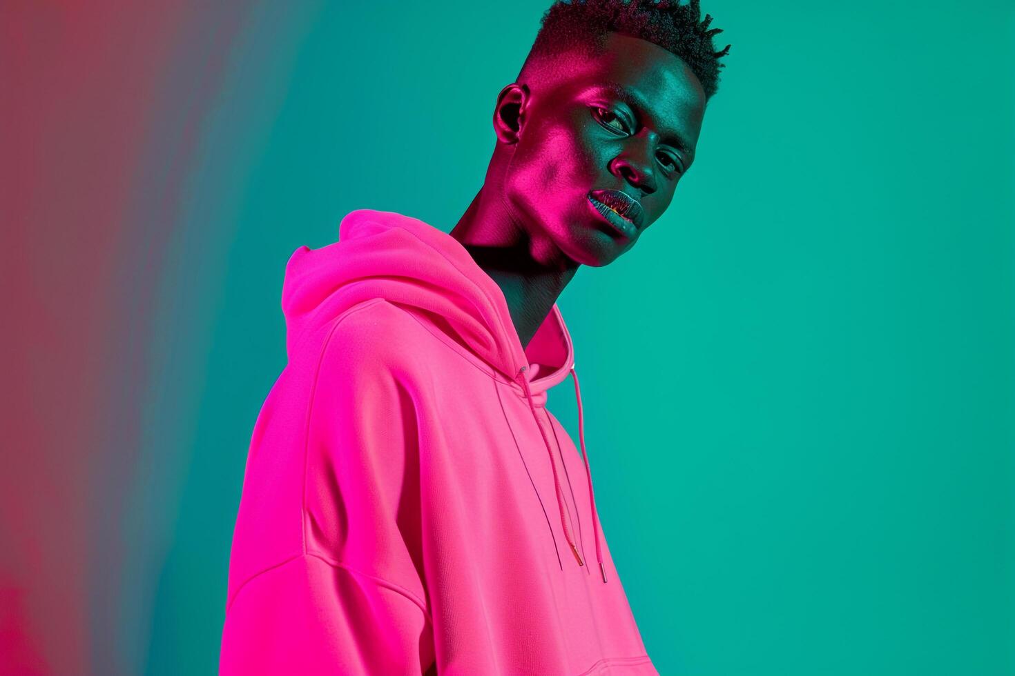 Fashion Male Model in Neon pink Hoodie with Neon Green Background Contemporary Lifestyle portrait for Trendy Male photo