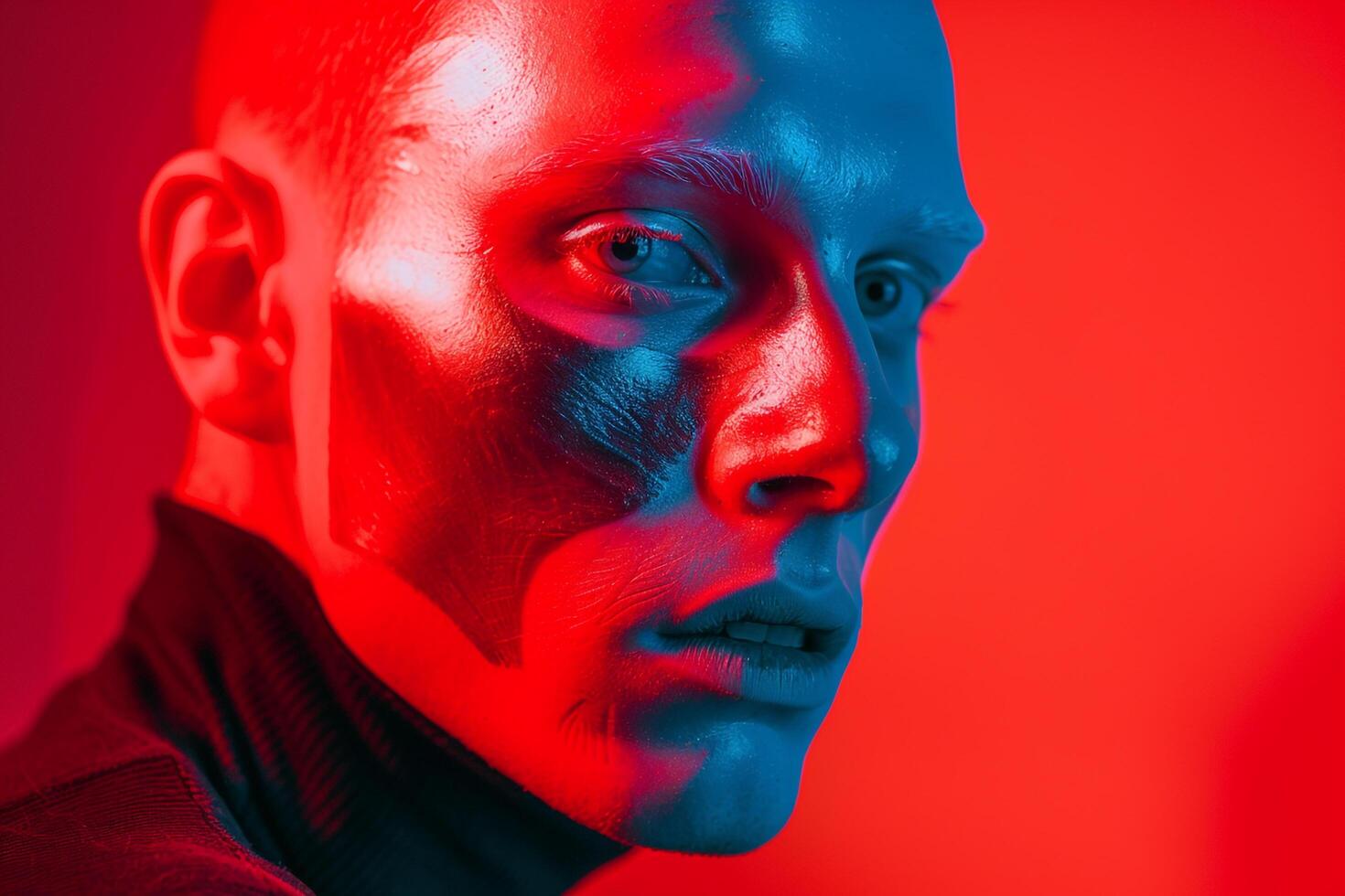 Fashion Male Model in Neon Red Face Mask with Neon Coral Background Trendy Lifestyle portrait for Fashionable Male photo